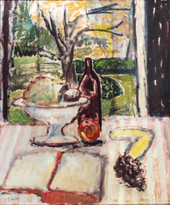 Still Life with Fruit and Bottles 
by Unidentified French Painter. Description 
Signed 