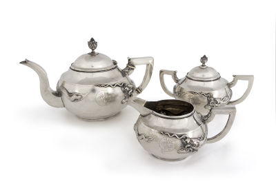 A 3 Piece Silver Chinese Export Tea Set, By Tuck Chang, Circa 1900. <span 