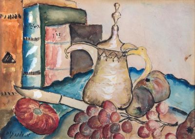 אברהם מלניקוב, טבע דומם עם פירות וקנקן קפה
. טכניקה: 