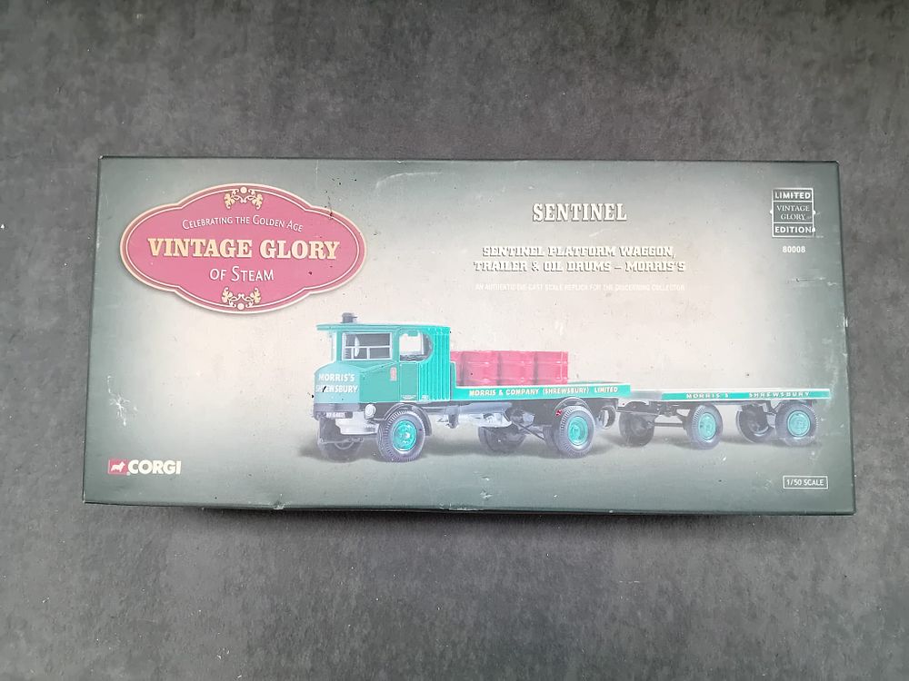 Lot 262: Corgi Limited #80008 Vintage Glory Edition Sentinel Platform Wagon Trailer & Oil Drums (Morris's) Scale 1:50