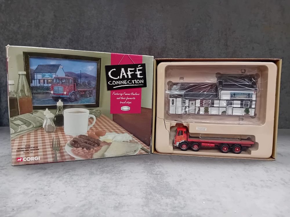 Lot 261: Corgi Cafe Connection #CC11501 AEC MKV Mammoth Major Platform Lorry Siddle Cook The Lazy Trout.