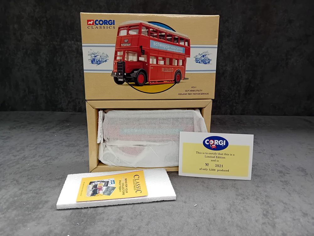 Lot 254: Three Corgi Classics Public Transport #97311 Guy Arab Utility Midland Red Motor Services #97820 Daimler CW West Bromwich #97312 Guy Arab Utility Wolverhampton Corporation.