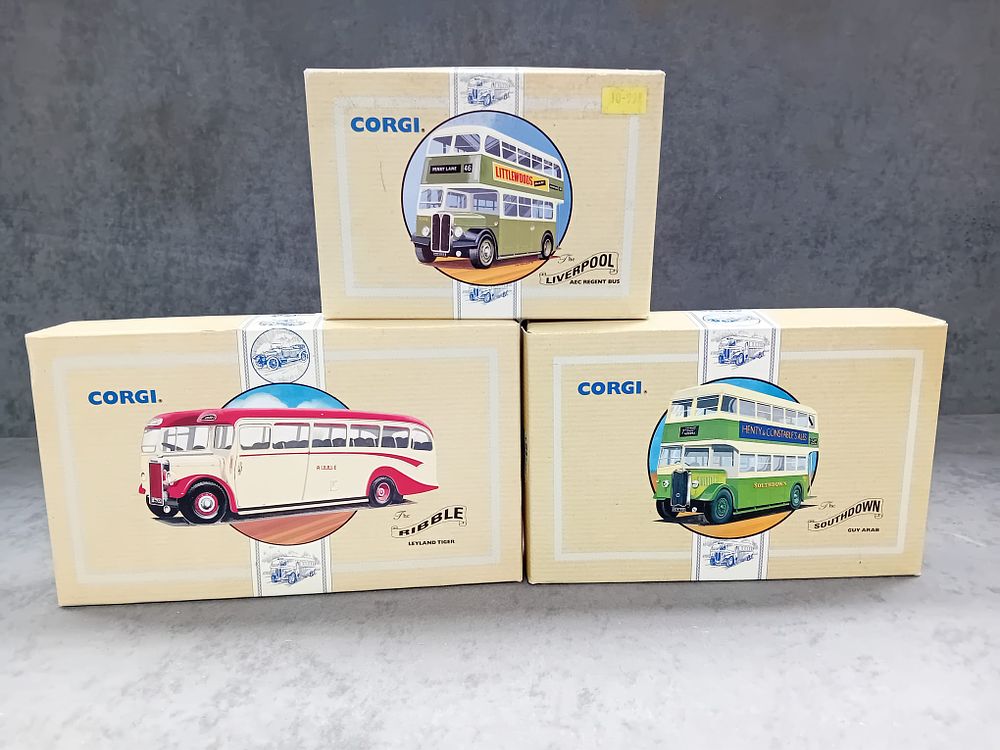 Lot 252: Three Corgi Classics Commercials #96983 Penny Lane The Liverpool AEC Regent Bus #97198 The Southdown Guy Arab #97192 The Ribble Leyland Tiger.
