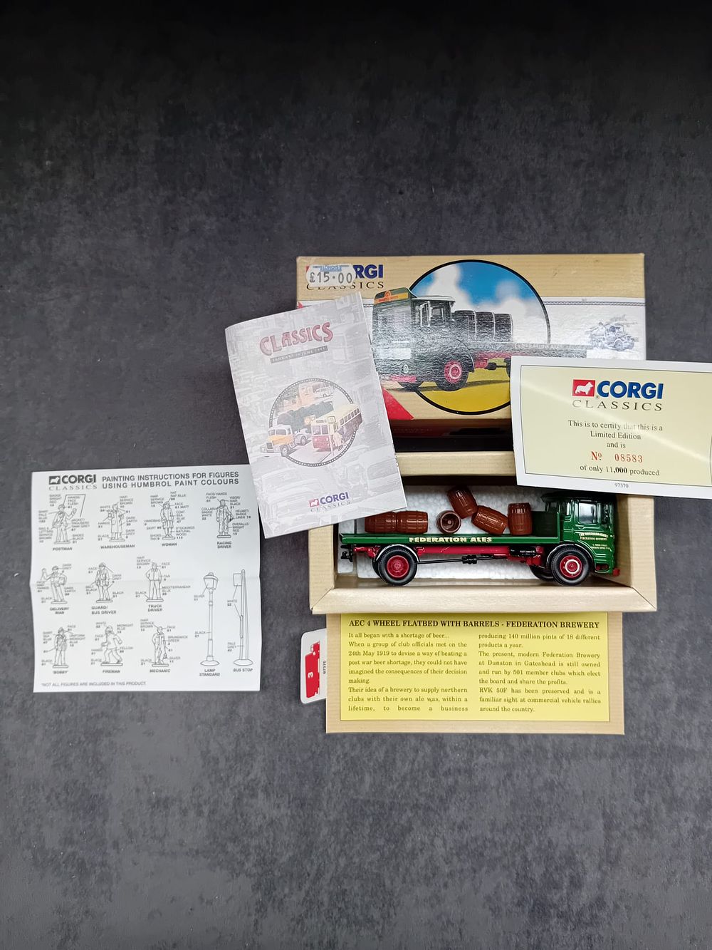 Lot 242: Pair of Corgi Classics Lorrys #25101 Brittish Road Services Leyland 4 Wheeled Lorry and #97370 AEC 4 wheeled Lorry (figures not included but has barrels)