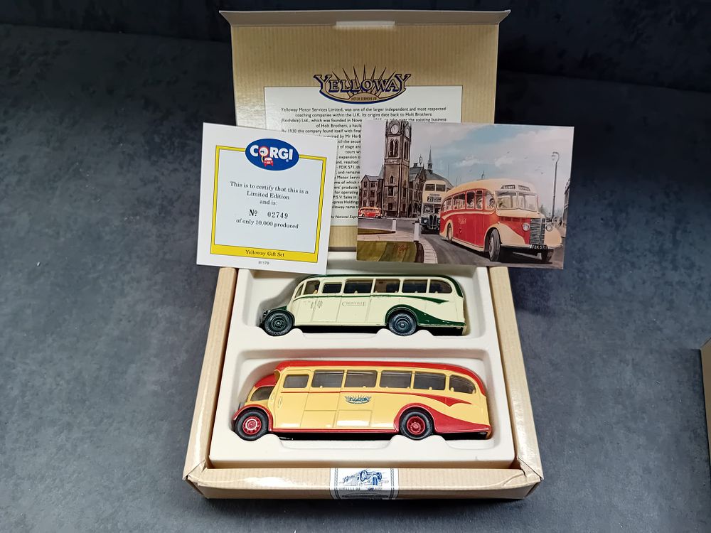 Lot 230: Pair of Corgi Commercials 1 set is not as box states #97063 Buses of yelloway and #97070 The busses of silver service.