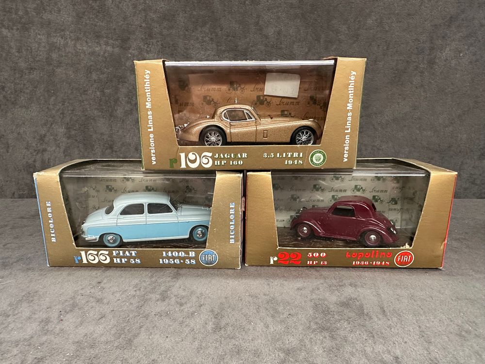 Lot 219: 3 x Brumm series Oro Diecasts #R22 fiat Topline 1936 - 1948 #R165 Fiat 1400 B 1956-58 #R106 Jaguar 3.5 Litri 1948