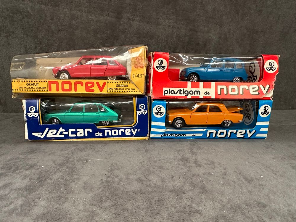 Lot 213: Mixed Lot Norev includes 1 jet Car Renault 16 #841 and three Plastigams Peugeot 304, Renault 4L and Citroen AMI 8