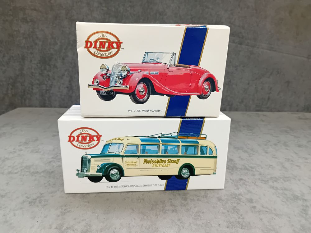 Lot 168: Pair of Dinky Boxed Diecasts Special Editions DY-S17 1939 Triumph Dolomite and DY-S10 1950 Mercedes Benz Omnibus Type D3500