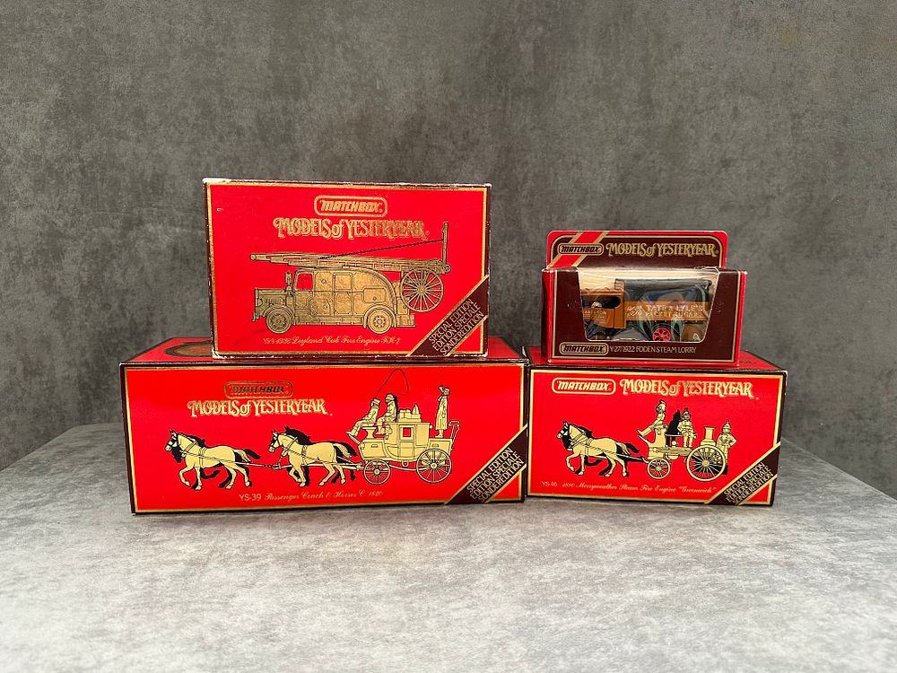 Lot 165: Four x matchbox models of the SE models including three special additions one YS9 1936 Leyland fire engine one YS 39 passenger coach and horse times YS 46 Merriweather steam fire engine and one Y 27 Ford some steam lorry with Tate and Lyle Details