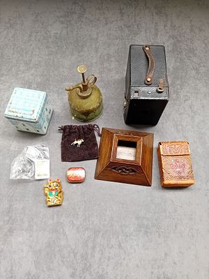 Mixed Lot of Vintage Items including Box Camera, Card Case, Record Player Pins, Tins and oil Can.