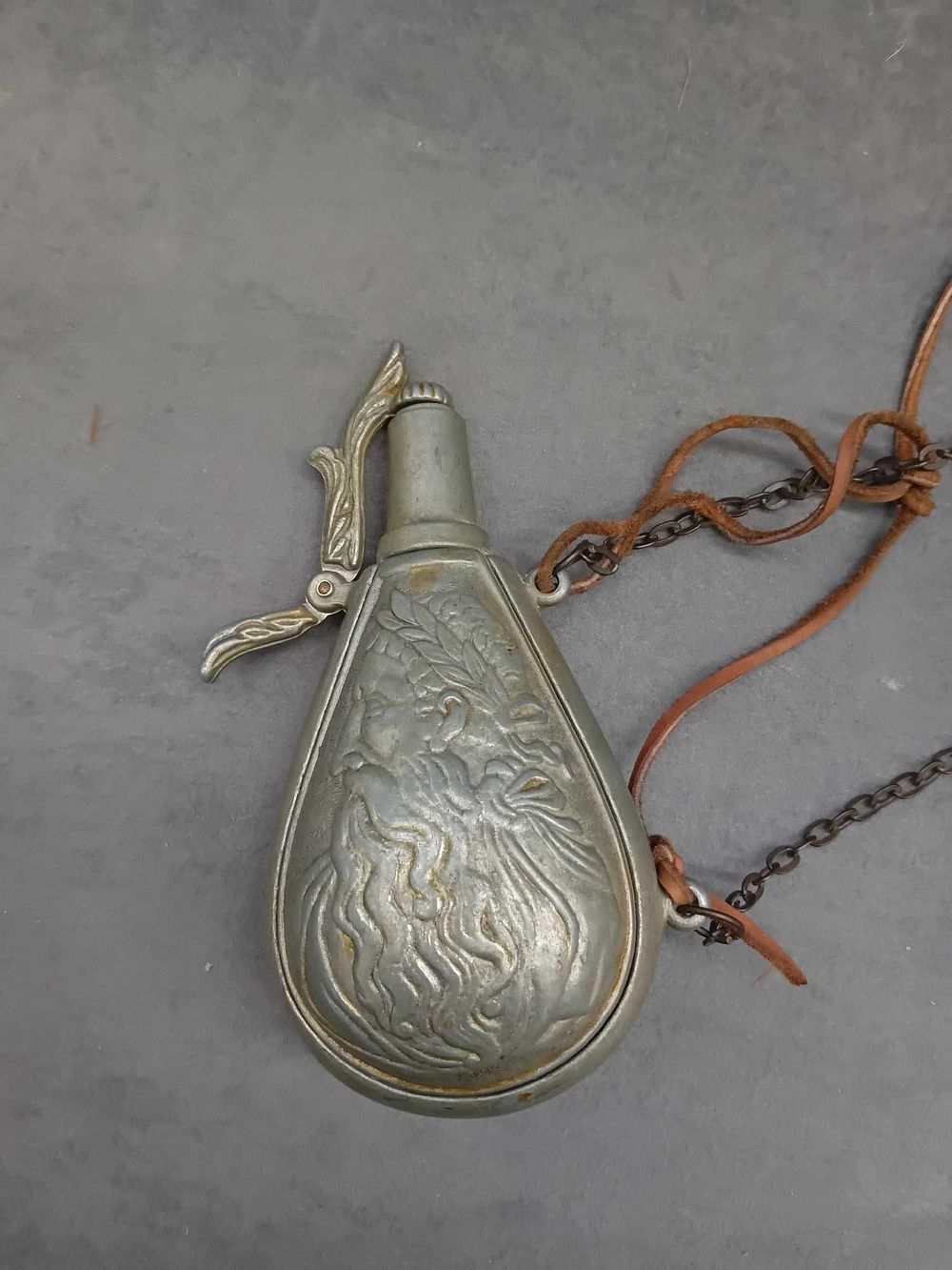 Lot 46: Vintage pewter powder flask as pictured