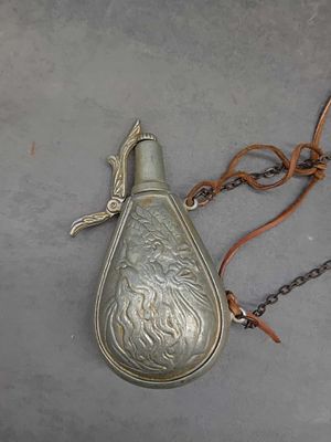 Vintage pewter powder flask as pictured