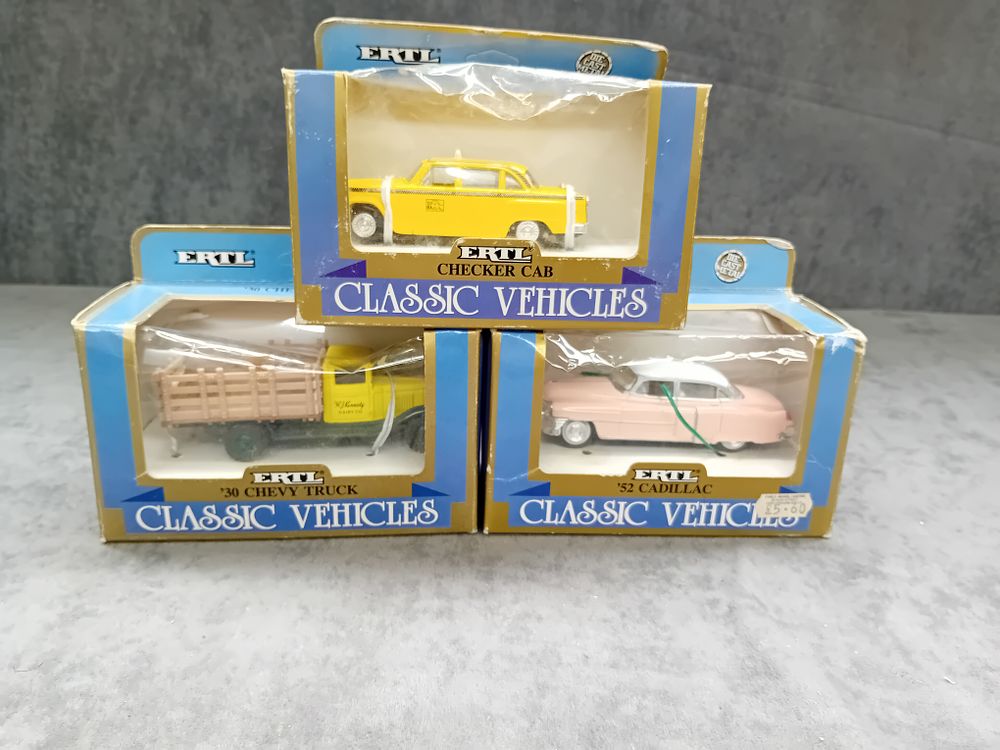 Lot 308: Mixed Lot ERTL Classic Vehicles Checker Cab, 30 Chevy Truck, 52 Cadillac.