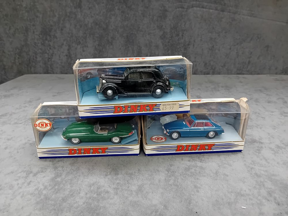 Lot 310: Mixed Lot of Dinky Matchbox Diecasts. #DY-5 1950 Ford V8 Pilot. #DY-3 1965 M.G.B GT. #DY-1 Jaguar 1968 E Type MK1.