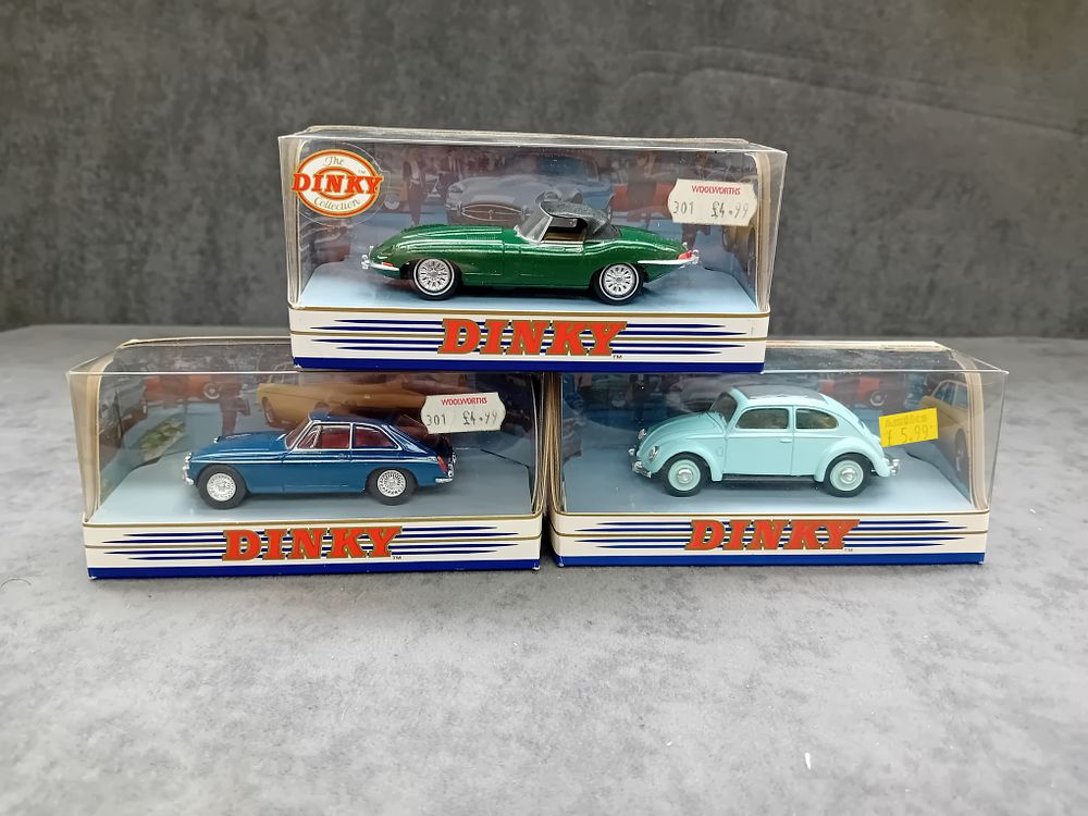 Lot 314: Mixed Lot of Dinky Matchbox Diecasts. #DY-3 1965 MGB GT. #DY-6 1951 Volkswagen. #DY-1 1968 Jaguar E Type MK1