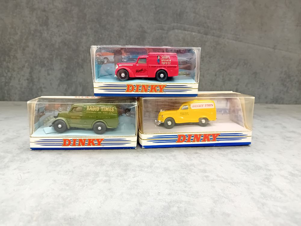 Lot 318: Mixed Lot of Dinky Matchbox Diecasts. #DY-8 Commer 8 CWT van Sharps Toffee. #DY-15B 1953 Austin A40 Dinky toys. #DY4 1950 Ford E83W 10 CWT Van Radio Times.