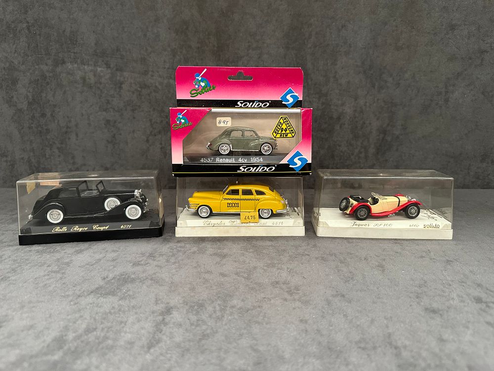 Lot 333: Mixed lot of 4 solido Dicasts. Jaguar #4002 Rolls Royce Coupe #4071 Chrysler Windsor taxi #4514 and Renault 4cv 1954 #4537