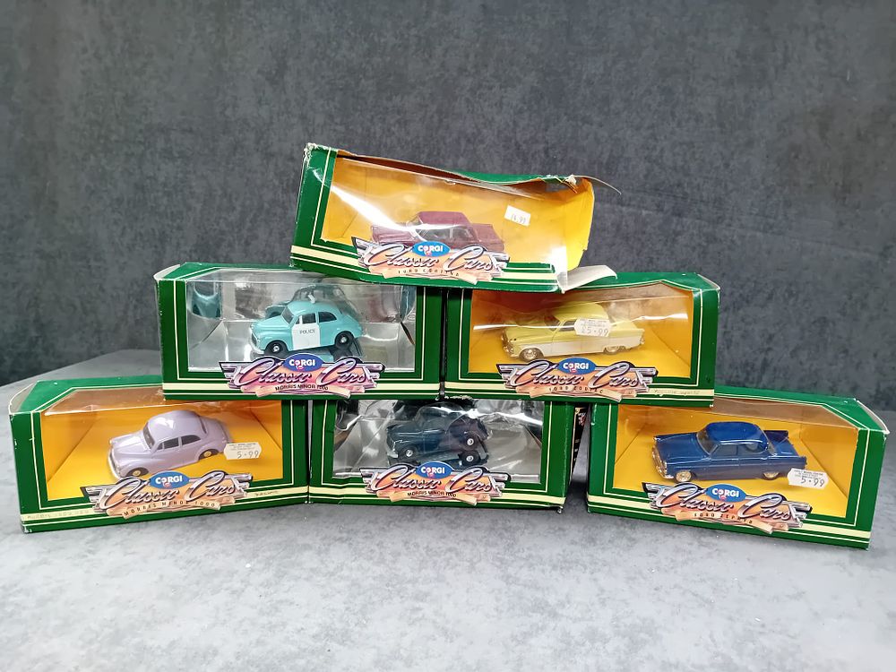 Lot 252: Mixed lot of Corgi Classics Collectors Series #D702/4 Morris Minor #C702/2 Morris Minor #D710 Ford Zephyr #C703/1 Morris Minor #D709/1 Ford Zodiac and one other.