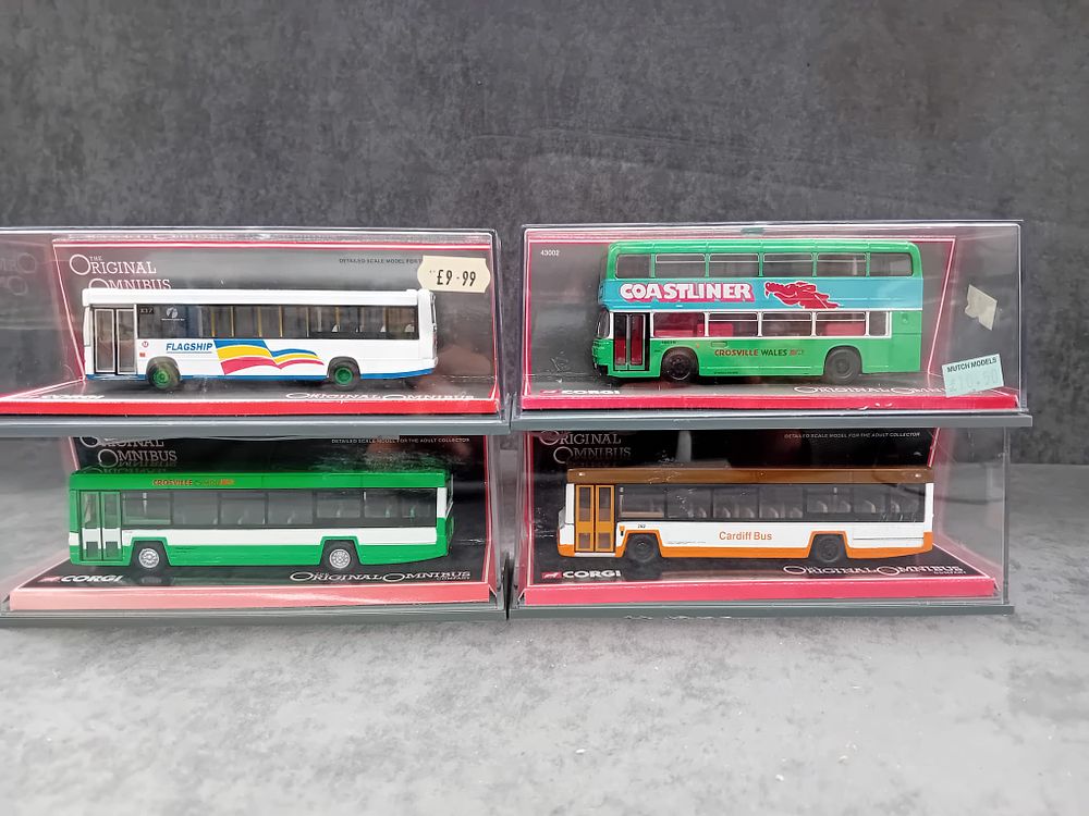 Lot 254: Four Corgi Limited Edition Original Omnibus #43002 Coast Liner Crosville Wales #42801Dennis Dart Kingfisher Flagship #43111 Leyland Lynx MK2 Cardiff Bus #43109 Leyland Lynx MK2 Crossville Wales