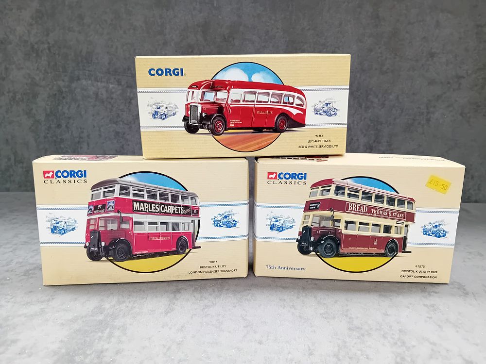 Lot 257: Three Corgi Classics Public transport #97875 Bristol K Utility Bus Cardiff #97213 Leyland Tiger #97857 Bristol K Utility Bus London Transport.