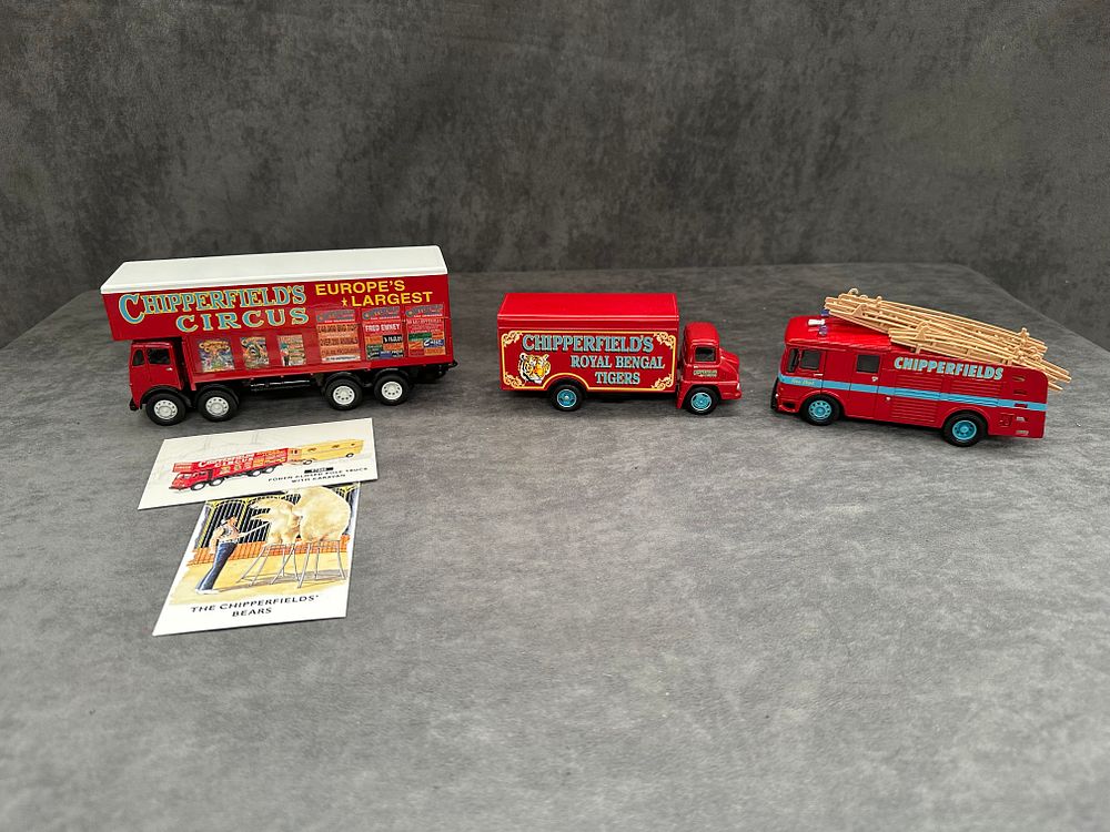 Lot 263: Set a free corgi Chipperfield circus models as pictured with no box this includes Chipperfield fire engine Chipperfield for teams truck and Chipperfield Foden lorry 97888