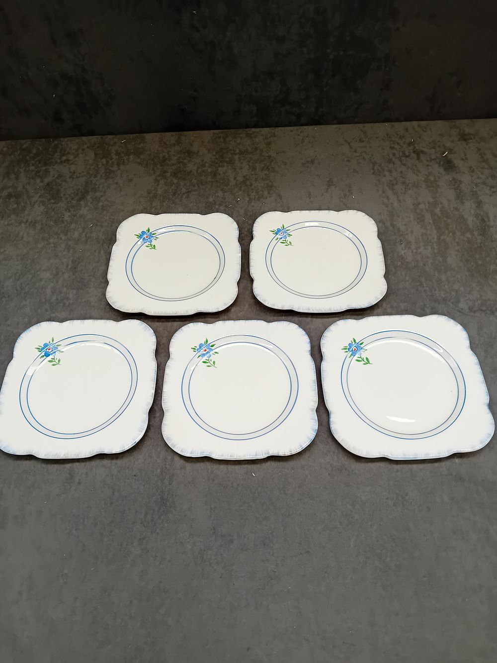 Lot 860: Windsor China Square Dessert Plates with Blue Floral...