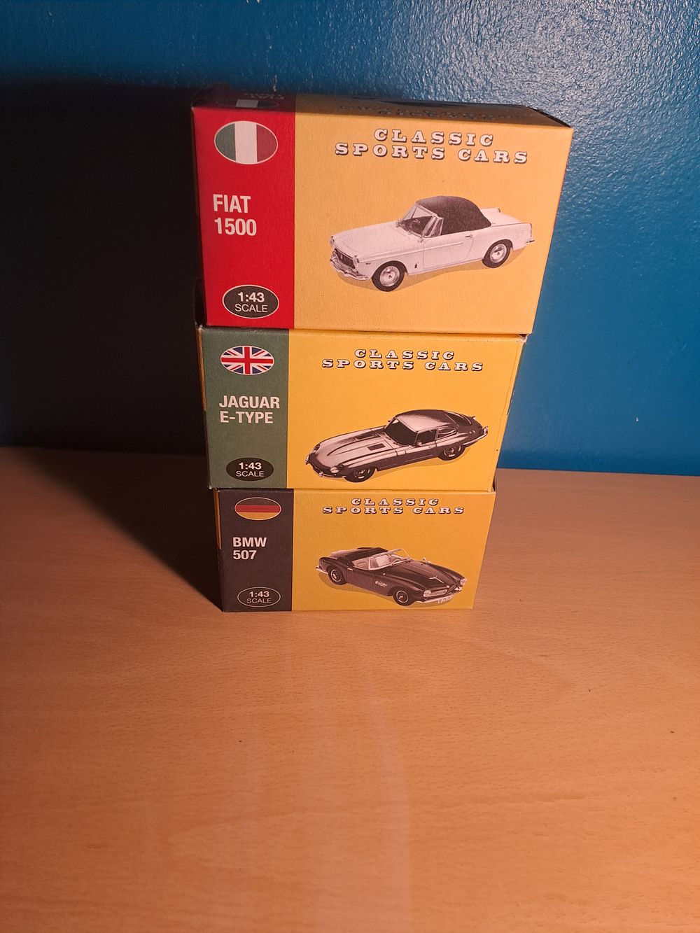 Lot 427: 3 classic sports cars including of BMW 507, Fiat 1500 and jaguar E-type scal 1:43 boxed
