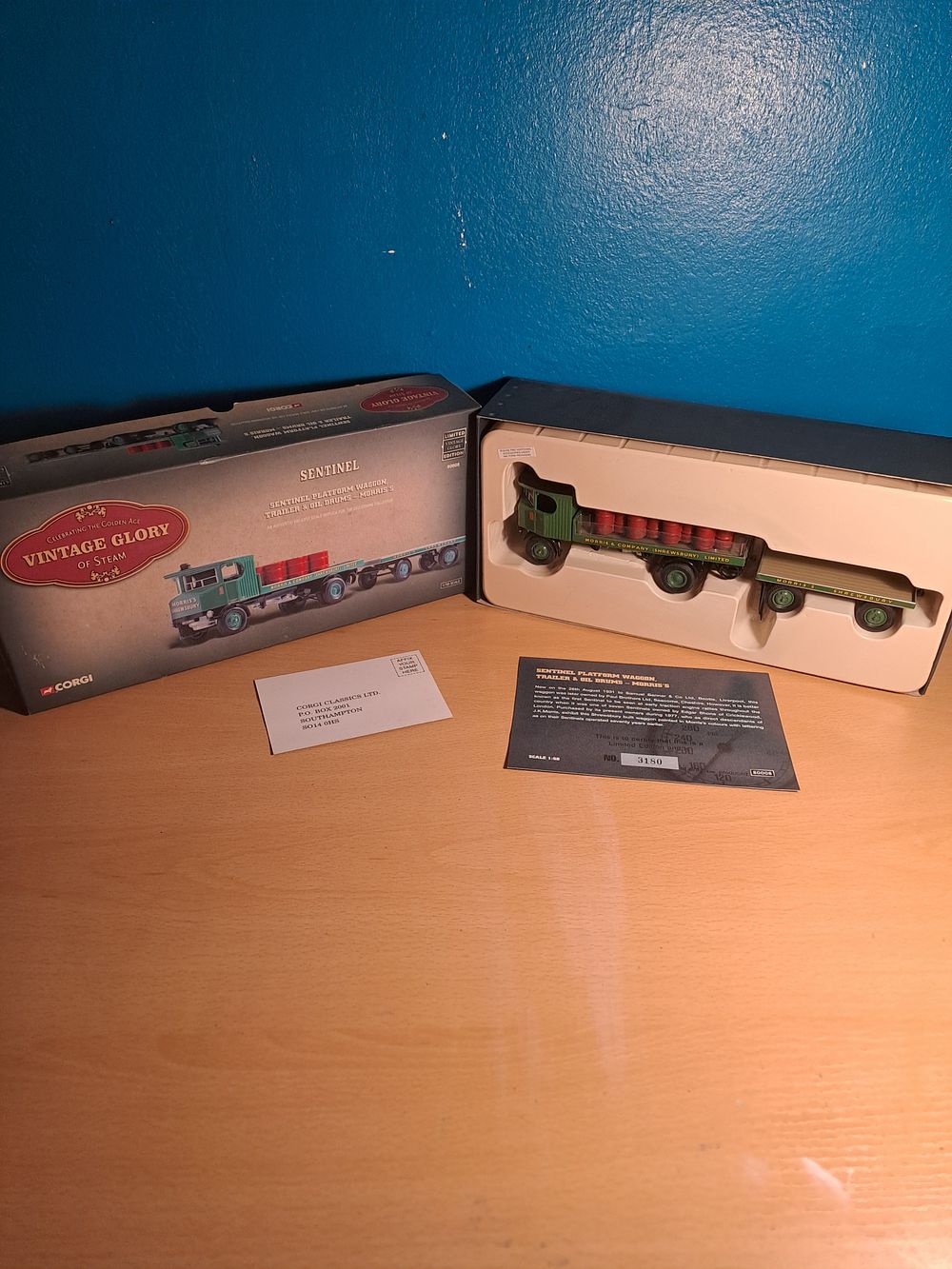 Lot 425: Corgi celebrating the golden age vintage glory of steam, imited edition sentinel platform waggon, trailer and oil drums good condition in box scale 1:50 no 3108