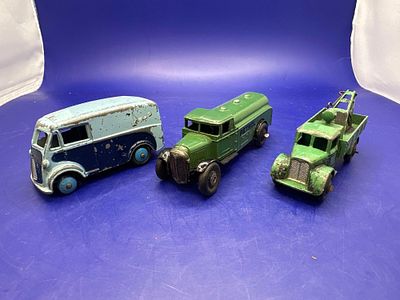 3 x dinky toys trucks. One includes Morris 10 CWT van in blue petrol, tankering, green and 