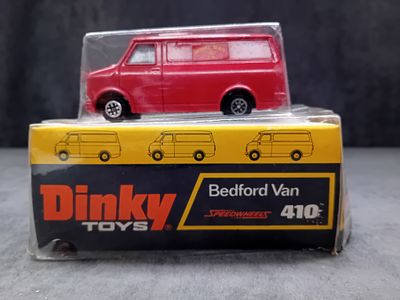 Dinky Toys Royal Mail Bedford Van 410 in original bubble card display stand as pictured
