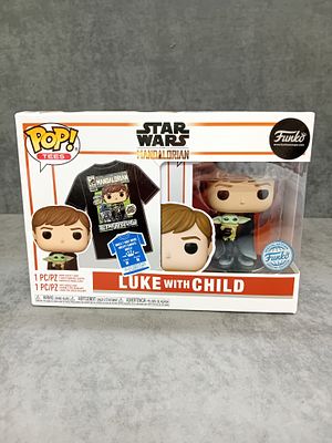 FUNKO POP TEES - STARWARS LUKE AND CHILD WITH MEDIUM TEE SHIRT.