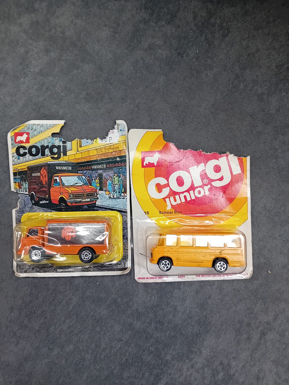 Lot 204: Pair of carded Corgi Modles School Bus and WH Smiths Leyland Truck