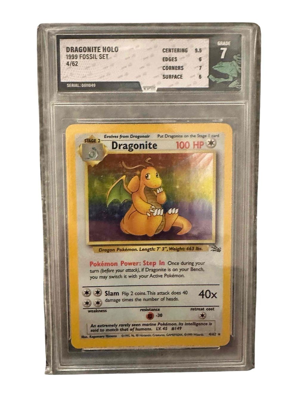 Lot 500: Pokemon Graded Dragonite Holo 1999 Fossil Set 4/62....