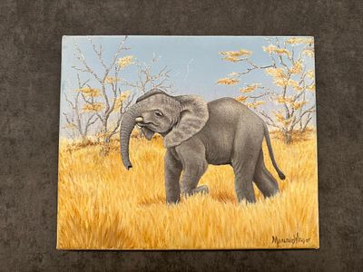 Young Elephant in Savannah 
Artist: M. Houghton (Signed lower left) 
Medium: Acrylic on 