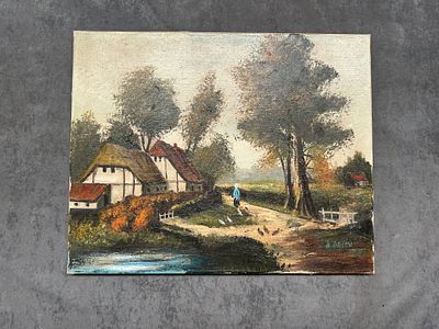 Charming Rural Landscape by A. Delev (Oil on Canvas) 
A peaceful countryside scene featuring 