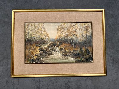 Framed Oil on Board – Autumn Landscape with Waterfall (Signed)Framed and matted oil on board 