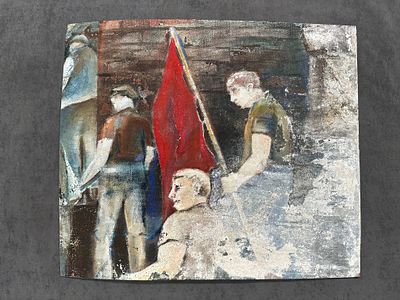 Expressionist Revolutionary Scene on Canvas 
Dimensions: 53 x 45 cm 
Medium: Mixed media on 