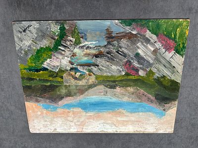 Mountain Stream” by Sarah Kilbourn (1963) 
Dimensions: 66 x 50 cm 
Medium: Oil on board 