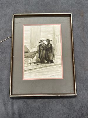 D. W. K. John Rowe – “The Conversation” (Ink &amp; Wash on Paper), Framed 
Description: 
A 