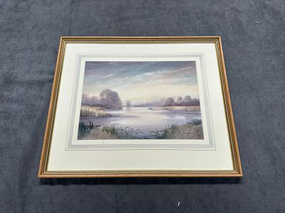 Tranquil River Landscape by John Haines – Watercolour 
Description: 
A serene and atmospheric 