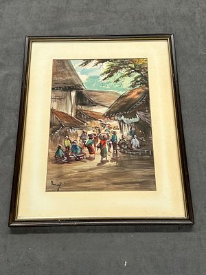 Framed Original Village Market Scene, Signed 
A vibrant and dynamic depiction of a village 