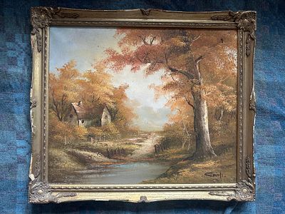 Autumnal River Scene with Cottages by Smith 
Oil on canvas, framed 
Signed lower left and 