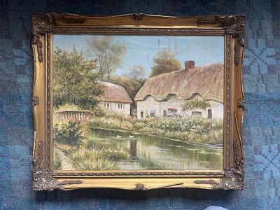 Roth – Thatched Cottage by the Water, Oil on Canvas 
Description: 
Charming and idyllic 