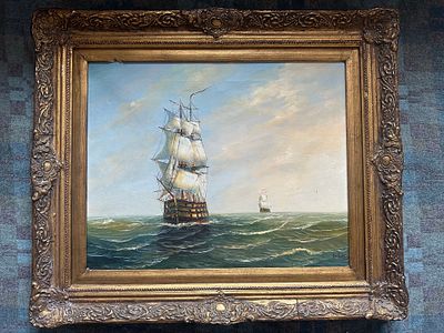 S. Sears – “Ships at Sea” – Oil on Canvas 
A striking maritime oil painting signed by S. Sears 
