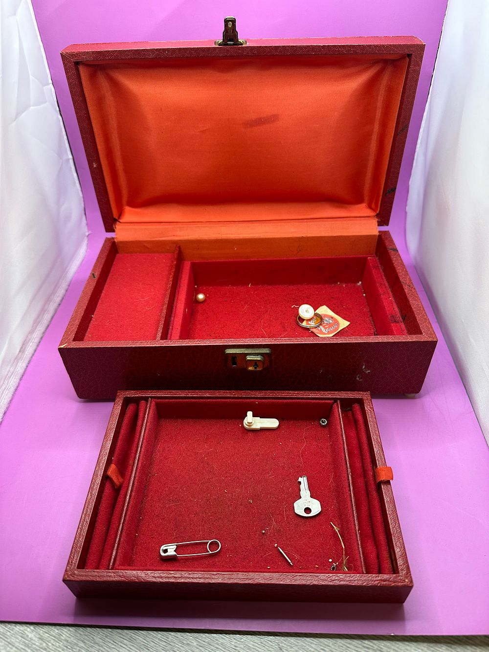 Lot 167: Wooden Jewellery box wrapped in a red styled...