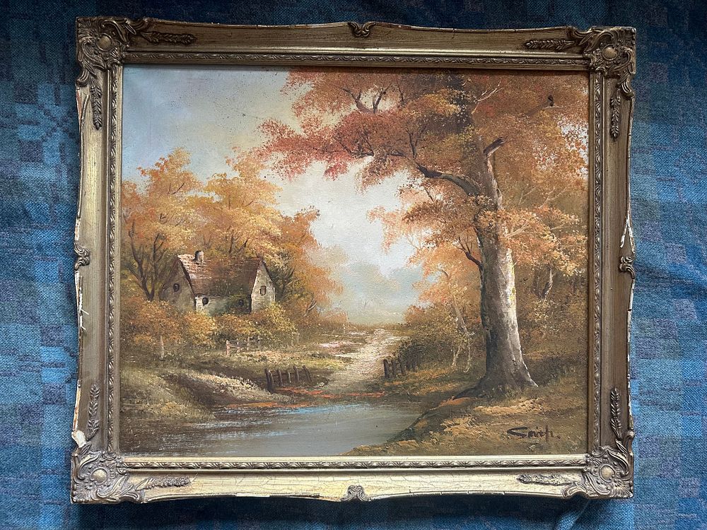 Lot 303: Autumnal River Scene with Cottages by Smith Oil...