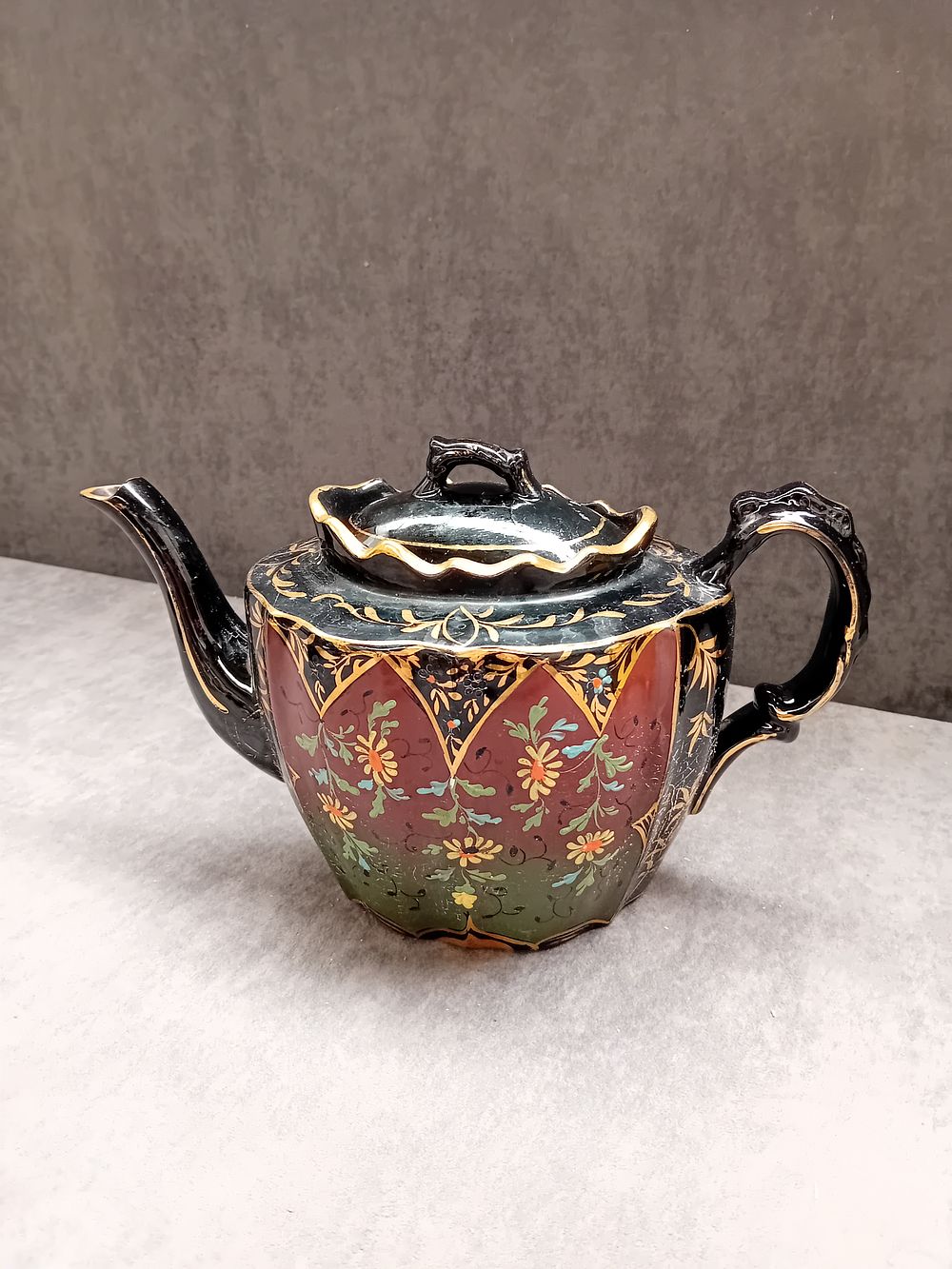 Lot 234: Antique Victorian Jackfield Black Floral gold gilt Teapot...
