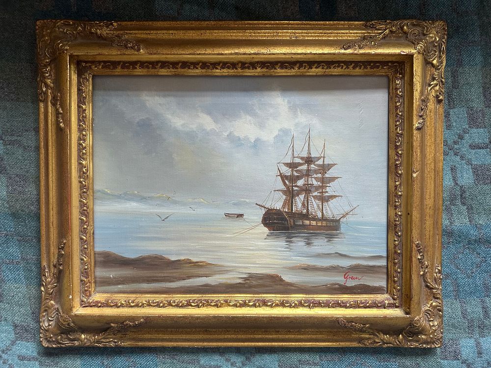 Lot 178: Maritime Oil Painting – Tall Ship at Anchor,...
