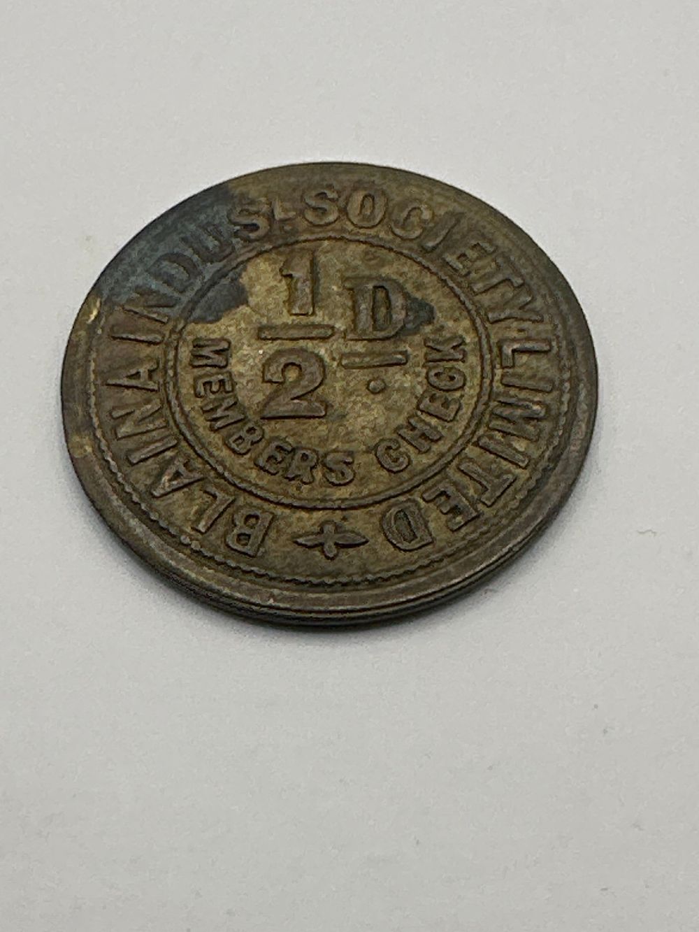 Lot 321: Blaina Industrial Society Limited Halfpenny (1/2D) Members Check Token, South Wales, Brass/Bronze