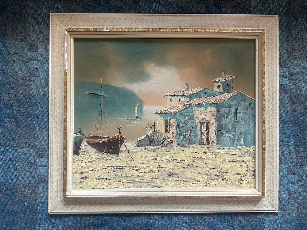 Lot 374: Coastal Village with Boats Artist: Signed (lower left)...